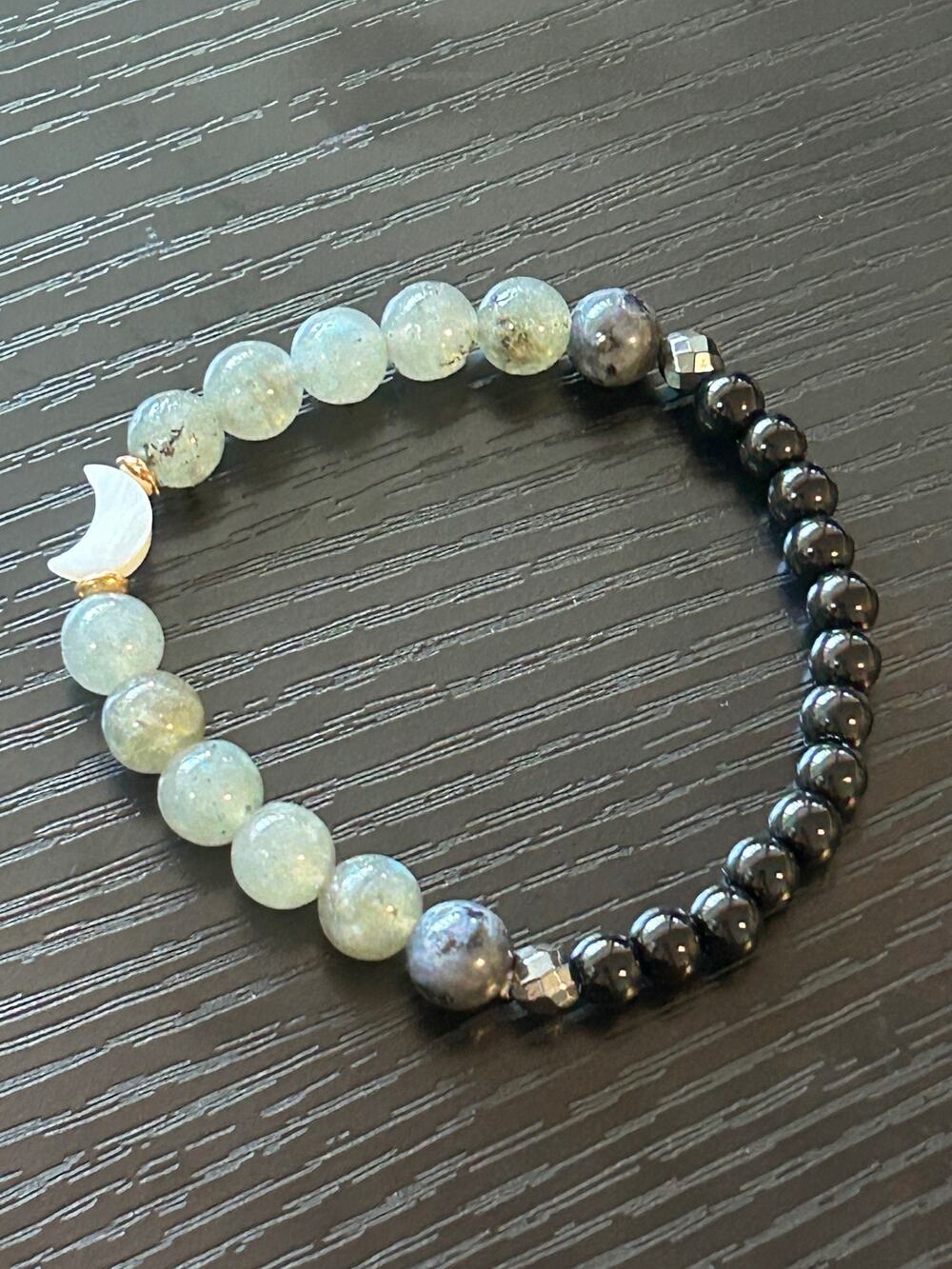Whimsigoth Moon Phase Bracelet Stretchy Beaded Green Black Witchy Boho Indie O/S